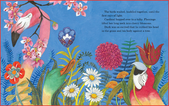 A sample spread from the book “Feathers for Peacock”, written by Jacqueline Jules and illustrated by Helen Cann