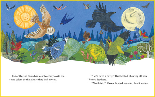 A sample spread from the book “Feathers for Peacock”, written by Jacqueline Jules and illustrated by Helen Cann