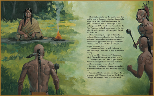 sample page spread from the book “A Peacemaker for Warring Nations”, written by Joseph Bruchac and illustrated by David Kanietakeron Fadden