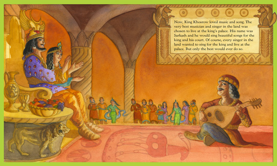 sample page spread from the book “The Green Musician”, written by Mahvash Shahegh and illustrated by Claire Ewart