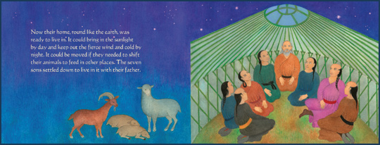 Pages 20-11 from the book “Story of the Mongolian Tent House”, written by Anne Pellowski and illustrated by Beatriz Vidal