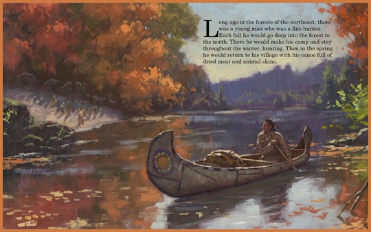 sample page spread from the book “The Hunter’s Promise”, written by Joseph Bruchac and illustrated by Bill Farnsworth