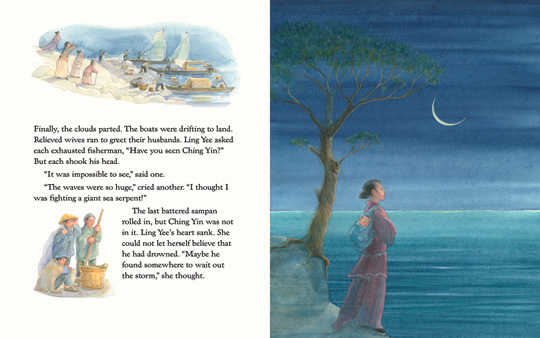 sample spread from the book “The Rock Maiden”, by Natasha Yim and illustrated by Pirkko Vainio