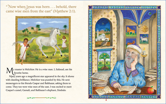 A sample spread from the book “The Christmas Horse and the Three Wise Men”, written and illustrated by Isabelle Brent